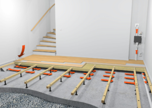 Subfloor golvregelsystem i källare med ventilation